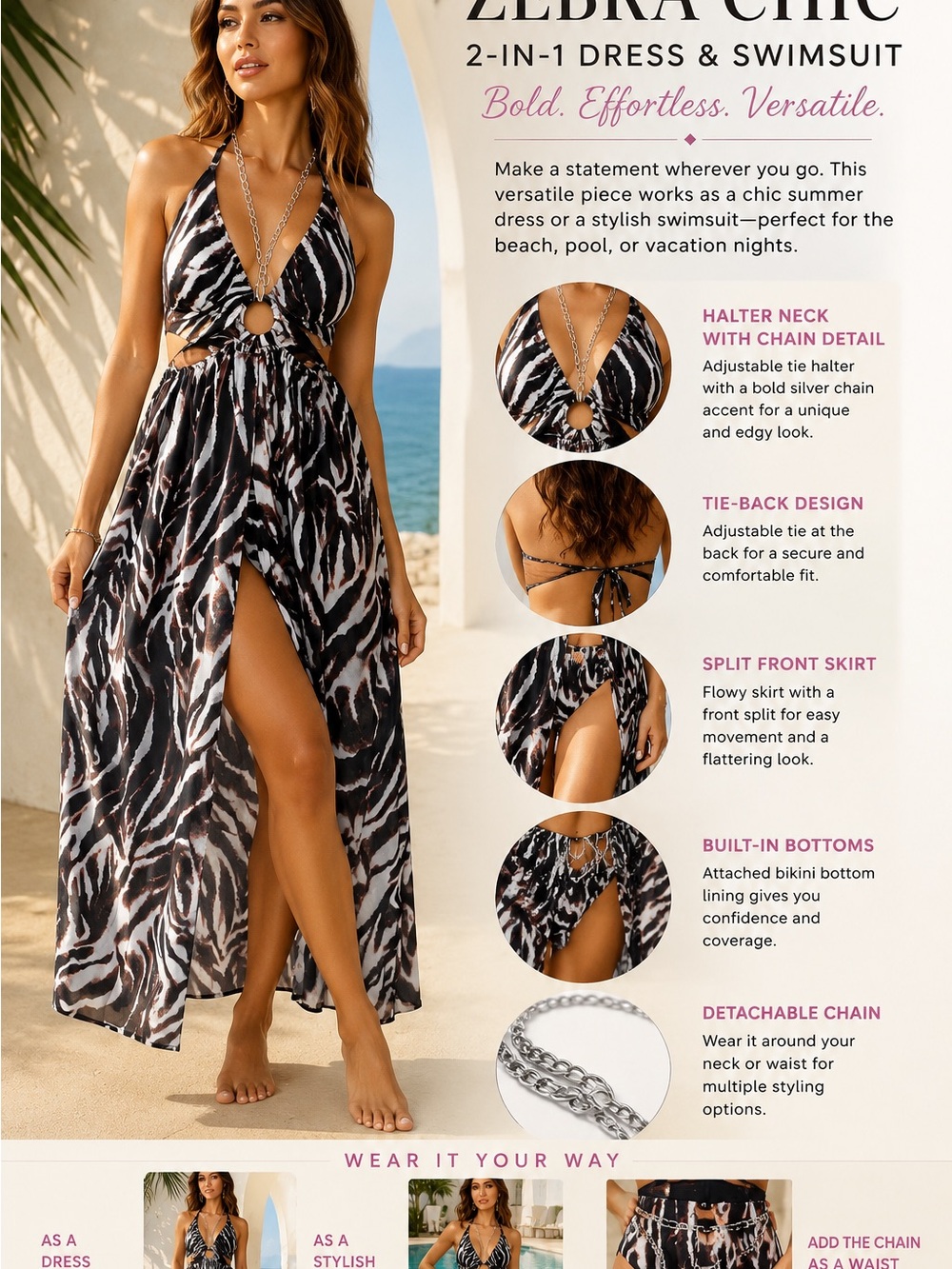 ANIMAL PRINT HALTER O-RING SILVER CHAIN BELTED CUT OUT SLIT MAXI DRESS